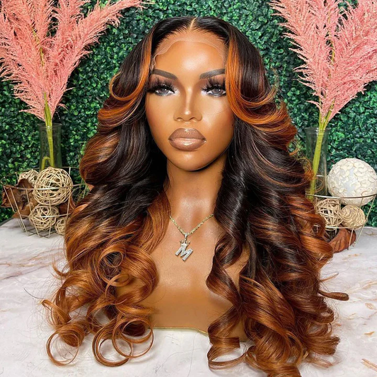 Rawthemtic Glueless Ginger Orange Highlights Colored 13x6 5x5 4x6 Lace Front Closure Body Wave Wig 180% Denisty