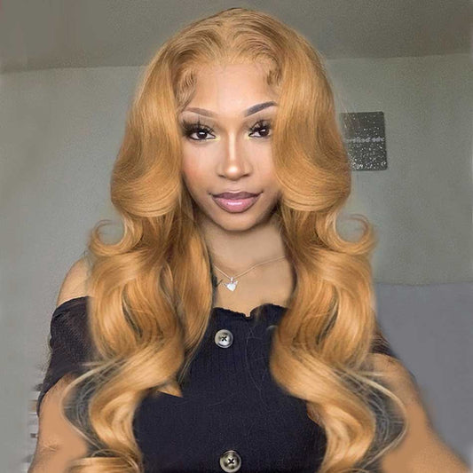 Rawthentic Glueless 27# Honey Blonde Colored 13x4 Lace Frontal Human Hair Body Wave Frontal Wigs 180% Density