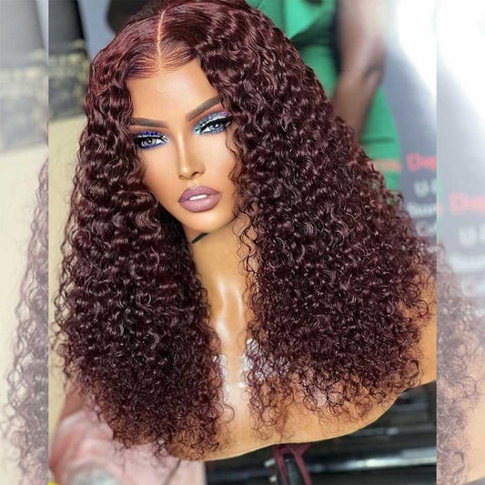 Hairstylist Works 5x5 Glueless Lace Closure Curly Human Hair Wigs 99j Wine Red Colored Wigs