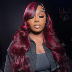 Rawthemtic Glueless Burgundy Highlights Colored 13x6 5x5 4x6 Lace Front Closure Body Wave Wig 180% Denisty