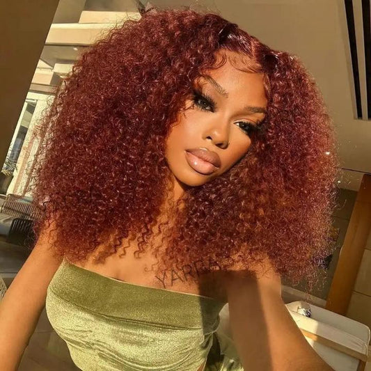 Rawthemtic Glueless #33 Auburn Colored 13x6 5x5 4x6 Lace Front Closure Human Hair Wigs Kinky Curly Wigs