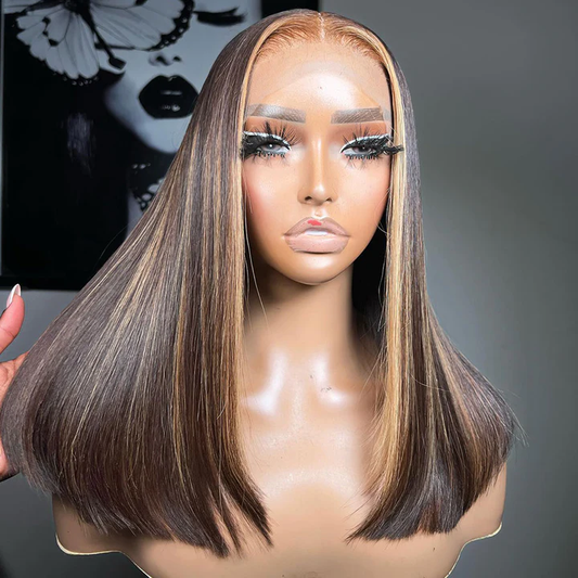 Rawthemtic Highlight Colored Glueless Straight 4x6 13x6 Lace Front Closure Human Hair Bob Wigs 210% Density