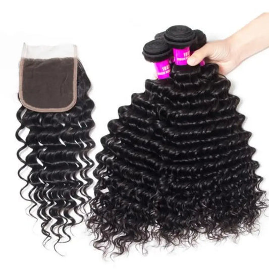 Rawthentic 10A Deep Wave Human Hair 4 Bundles With 4x4/5x5 Lace Closure 100% Remy Human Hair