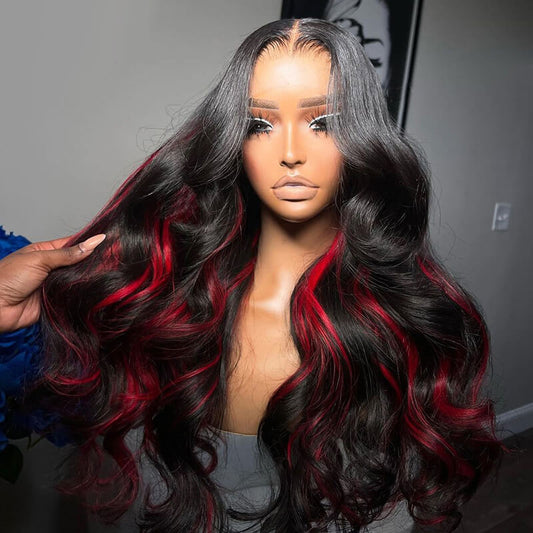 Rawthemtic Red Highlight Colored 13x6 5x5 4x6 Lace Front Human Hair Body Wave Wigs