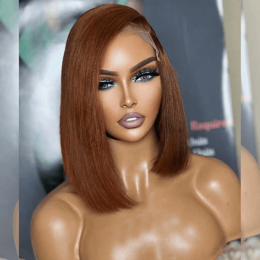 Hairstylist Works Elegant Asymmetric Short Straight Ginger Colored Human Hair Bob Wigs