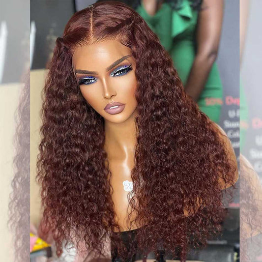 Hairstylist Works 13x6 Lace Front Curly Human Hair Wigs 33# Auburn Reddish Brown Colored Wigs Chest Length 180% Density