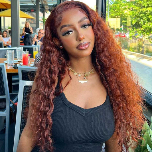 Rawthentic Glueless #33 Auburn Reddish Brown Color 13x6 5x5 4x6 Lace Front Closure Deep Wave 180% Density Wigs