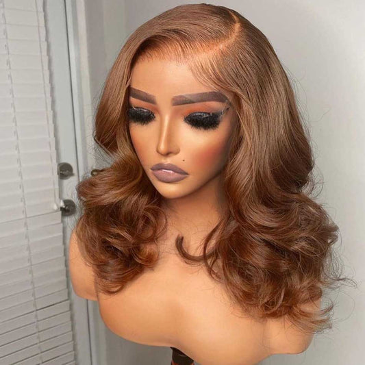 Rawthentic Hairstylist Works Elegant Short Light Honey Brown Colored 13x4 Lace Front Human Hair Wigs Dora