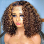 Rawthentic Highlight Curly Bob Wigs Colored Human Hair Frontal Closure Wig 180% Density