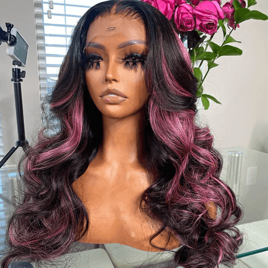 Rawthentic Glueless Purple Pink Highlight Colored 13x6 5x5 4x6 Lace Front Closure Human Hair Wig 180% Density